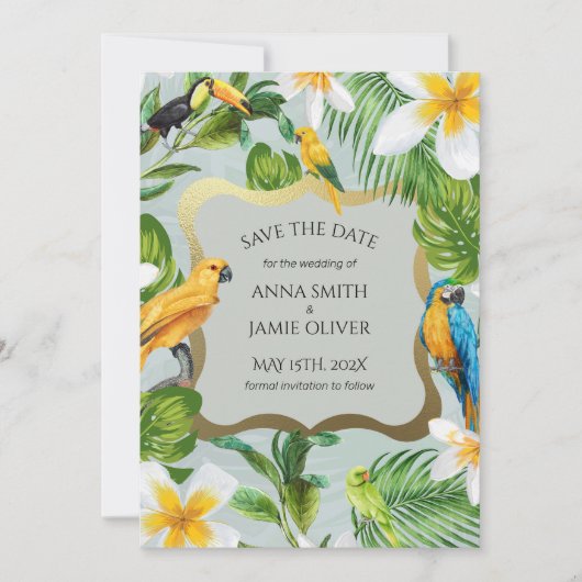 Parrots Plumeria Wedding Save The Date (Vorderseite)