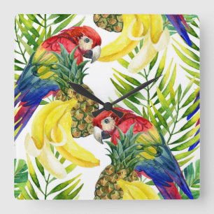 Parrots und Tropical Frucht Quadratische Wanduhr