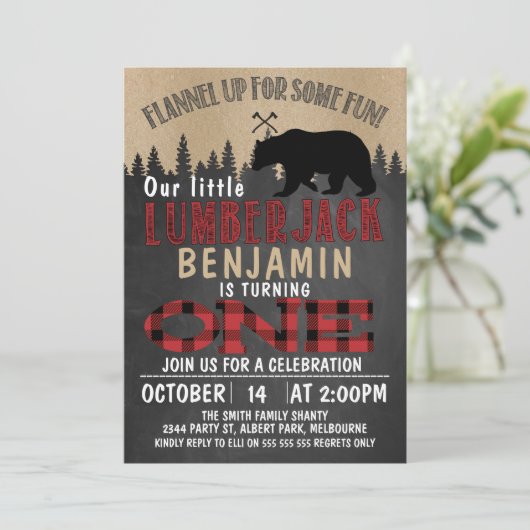 Part Chalkboard Lumberjack 1. Geburtstag Einladung (Stehend Vorderseite)