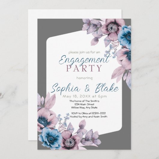 Partei für blaues und Lila Blumengraues Engagement Einladung (Vorne/Hinten)