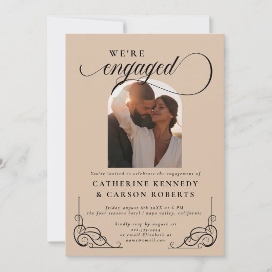 Partei für kalligraphisches Engagement in Beige un Einladung (Vorderseite)