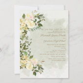 Partei "Sage Green Blätter White Floral Graduation Einladung (Vorderseite)