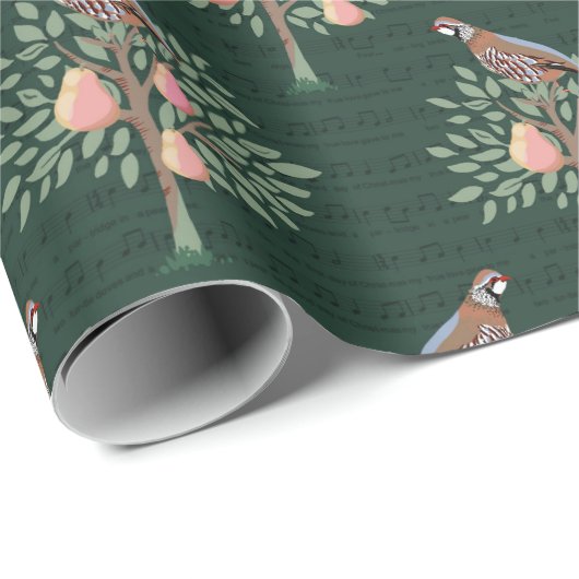 Partridge in a pear tree Christmas Carole on green Geschenkpapier (Rolleneckpunkt)