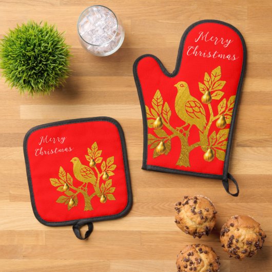 Partridge in einem Birnenbaum Rot frohe Weihnachte Ofenhandschuh & Topflappen-Set (Oben Unten)