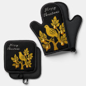 Partridge in einem Birnenbaum Schwarz Frohe Weihna Ofenhandschuh & Topflappen-Set (Vorderseite/Rückseite)