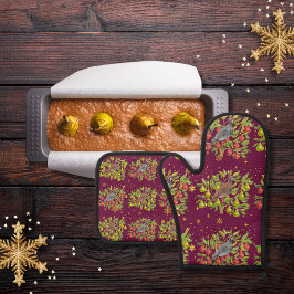 Partridges, Birnen und Schneeflocken bordeauxfarbe Ofenhandschuh & Topflappen-Set