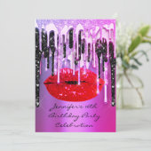Party 16. Lips Kiss Black Pink Glitzer Tropfen Einladung (Stehend Vorderseite)