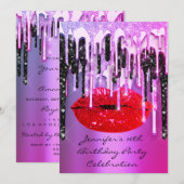 Party 16. Lips Kiss Black Pink Glitzer Tropfen Einladung (Vorne/Hinten)