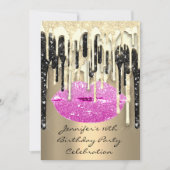 Party 16. Lips Kiss Black Pink Glitzer Tropfen Einladung (Vorderseite)