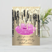 Party 16. Lips Kiss Black Pink Glitzer Tropfen Einladung (Stehend Vorderseite)