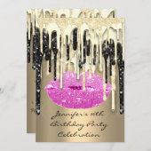 Party 16. Lips Kiss Black Pink Glitzer Tropfen Einladung (Vorne/Hinten)