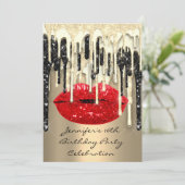 Party 16. Lips Kiss Black Red Glitzer Tropfen Einladung (Stehend Vorderseite)
