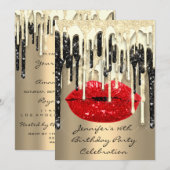 Party 16. Lips Kiss Black Red Glitzer Tropfen Einladung (Vorne/Hinten)