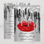 Party 16. Lips Kiss Black Red Glitzer Tropfen Einladung (Vorne/Hinten)