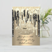 Party 16. Lips Kiss Black Silver Glitzer Tropfen Einladung (Stehend Vorderseite)
