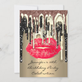Party 16. Lips Kiss Brown Red Glitzer Tropfen Einladung