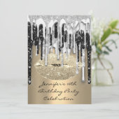 Party 16. Lips Kiss Gold Silver Glitzer Tropfen Einladung (Stehend Vorderseite)