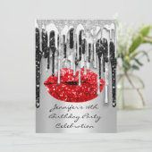 Party 16. Rote Lippen Kiss Black Gray Glitzer Trop Einladung (Stehend Vorderseite)