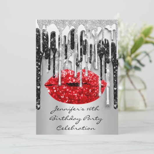 Party 16. Rote Lippen Kiss Black Gray Glitzer Trop Einladung (Stehend Vorderseite)