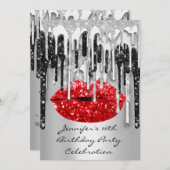 Party 16. Rote Lippen Kiss Black Gray Glitzer Trop Einladung (Vorne/Hinten)