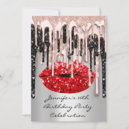 Party 16. Rote Lippen Kiss Rose Glitzer Tropfen Gl Einladung