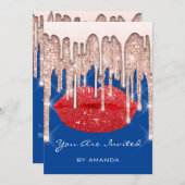 Party 16. Roter Kiss Lips Rose Glitzer Blau Einladung (Vorne/Hinten)