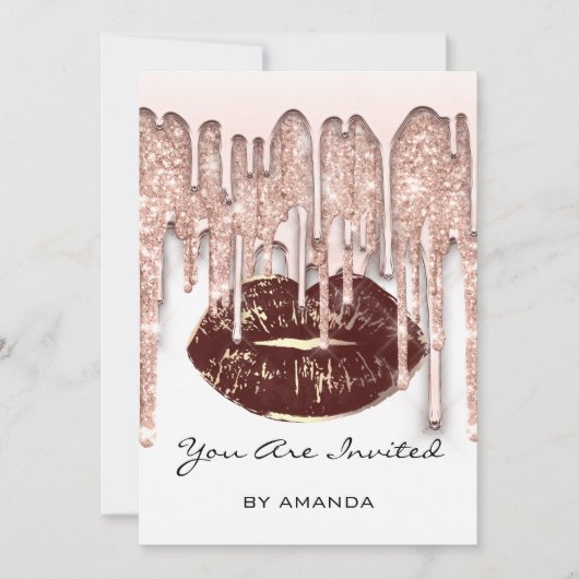 Party 16. Roter Kuss Lips Rose Glitzer Weißbraun Einladung (Vorderseite)