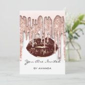 Party 16. Roter Kuss Lips Rose Glitzer Weißbraun Einladung (Stehend Vorderseite)