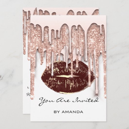 Party 16. Roter Kuss Lips Rose Glitzer Weißbraun Einladung (Vorne/Hinten)