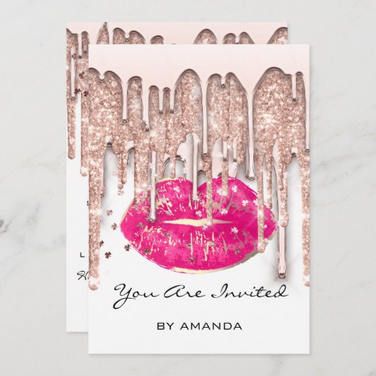 Party 16. Roter Kuss Lips Rose Glitzer Weißer Rosa Einladung (Vorne/Hinten)
