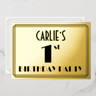 Party 1. Geburtstag — Art Deco Look "1" + Name Folieneinladung
