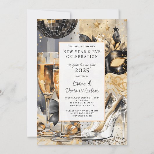Party 2025 - Schwarzer Glitzer im Neujahr Einladung (Vorderseite)