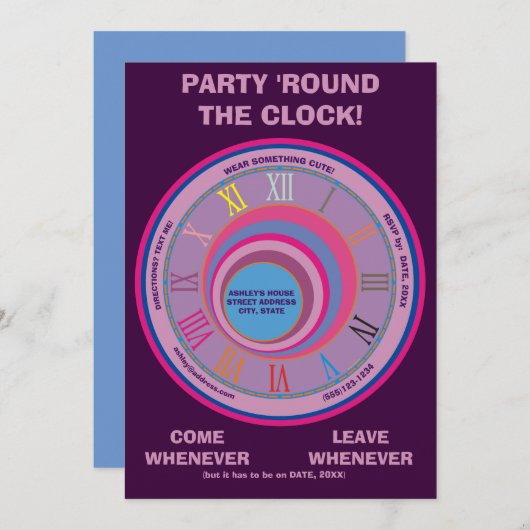 Party 24 Stunden rund um die Uhr Blau Lila rosa ei Einladung (Vorne/Hinten)