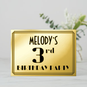 Party 3. Geburtstag: Art Deco Look "3" und Name Folieneinladung