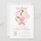 Party 6. Girl Birthday Pink Gold Ballon Einladung (Vorderseite)