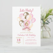 Party 6. Girl Birthday Pink Gold Ballon Einladung (Stehend Vorderseite)