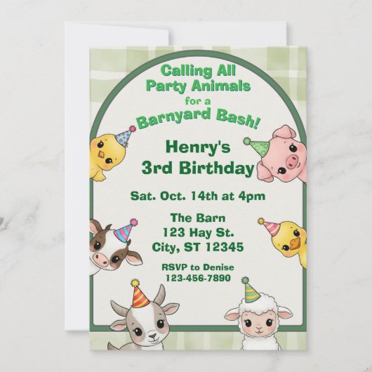 Party Animal Barnyard Bash Birthday Einladung (Vorderseite)