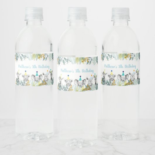 Party Animal Blue Gold Safari Geburtstag Wasserflaschenetikett (Flaschen)