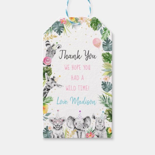 Party Animal Pink Gold Safari Tropischer Geburtsta Geschenkanhänger (Vorderseite)