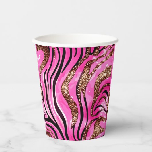 Party Animal Tiger Print Paper Cup, rosa Glitzer Pappbecher (Vorderseite)