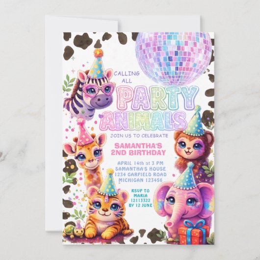 Party Animals Birthday Invitation | Rainbow Disco Einladung (Vorderseite)