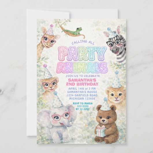 Party Animals Birthday Invitation | Rainbow Safari Einladung (Vorderseite)