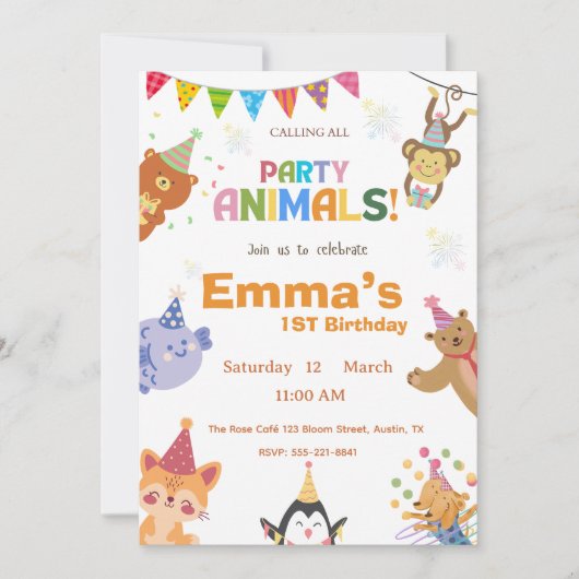 Party Animals First Birthday Invitation Einladung (Vorderseite)