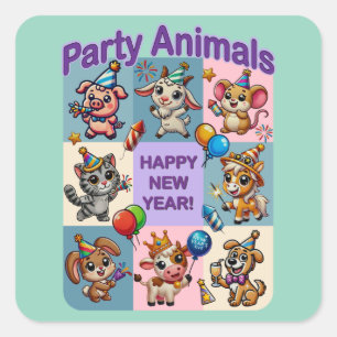 Party Animals "Frohes Neues Jahr" Quadratischer Aufkleber
