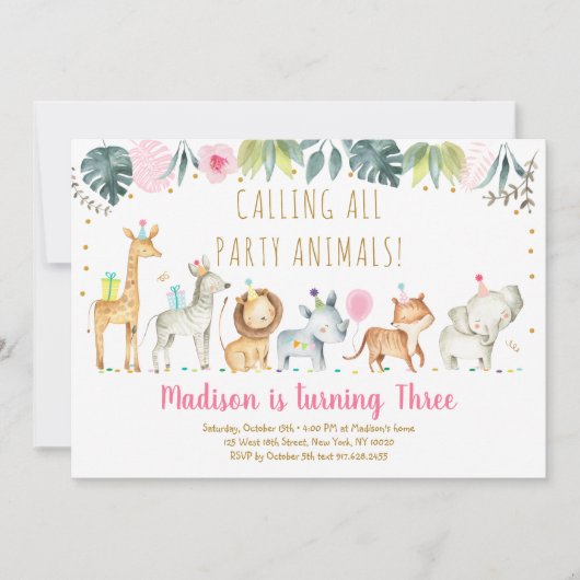 Party Animals Girl Safari Geburtstag Einladung (Vorderseite)