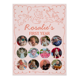 Party Animals Girl's First Birthday Photo Collage Poster