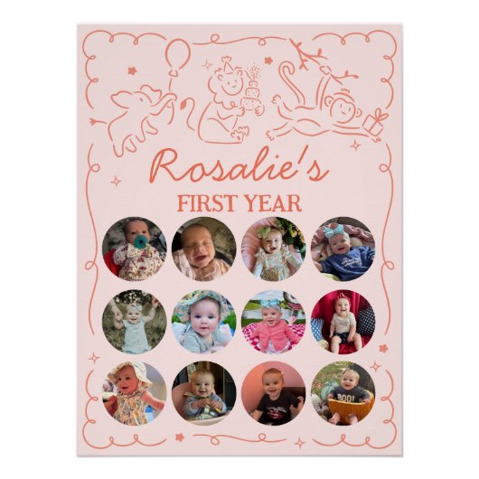 Party Animals Girl's First Birthday Photo Collage Poster (Vorderseite)