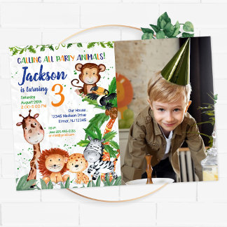 Party Animals Junge Safari Zoo Foto Geburtstag Einladung