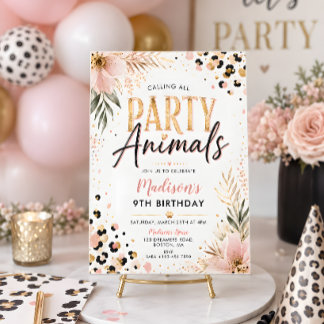 Party Animals Pink Florale Mädchen Geburtstagsfeie Einladung