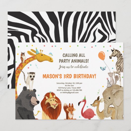 Party Animals Safari Girl Boy Animals Geburtstag Einladung (Vorne/Hinten)